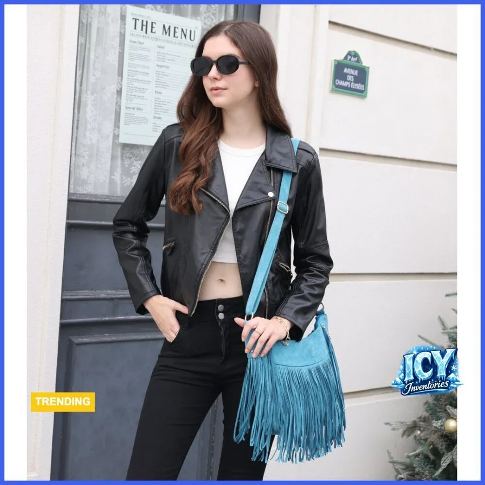Vegan Suede Hobo Bag with Fringe Tassel Crossbody Shoulder Purse